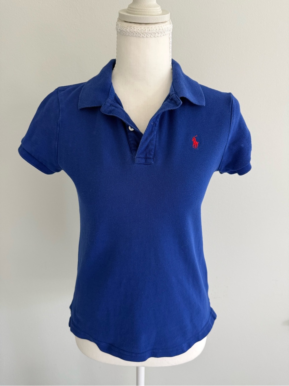 Ralph Lauren Girls' Cotton Mesh Polo, Heritage Royal Blue with Red Pony, L
